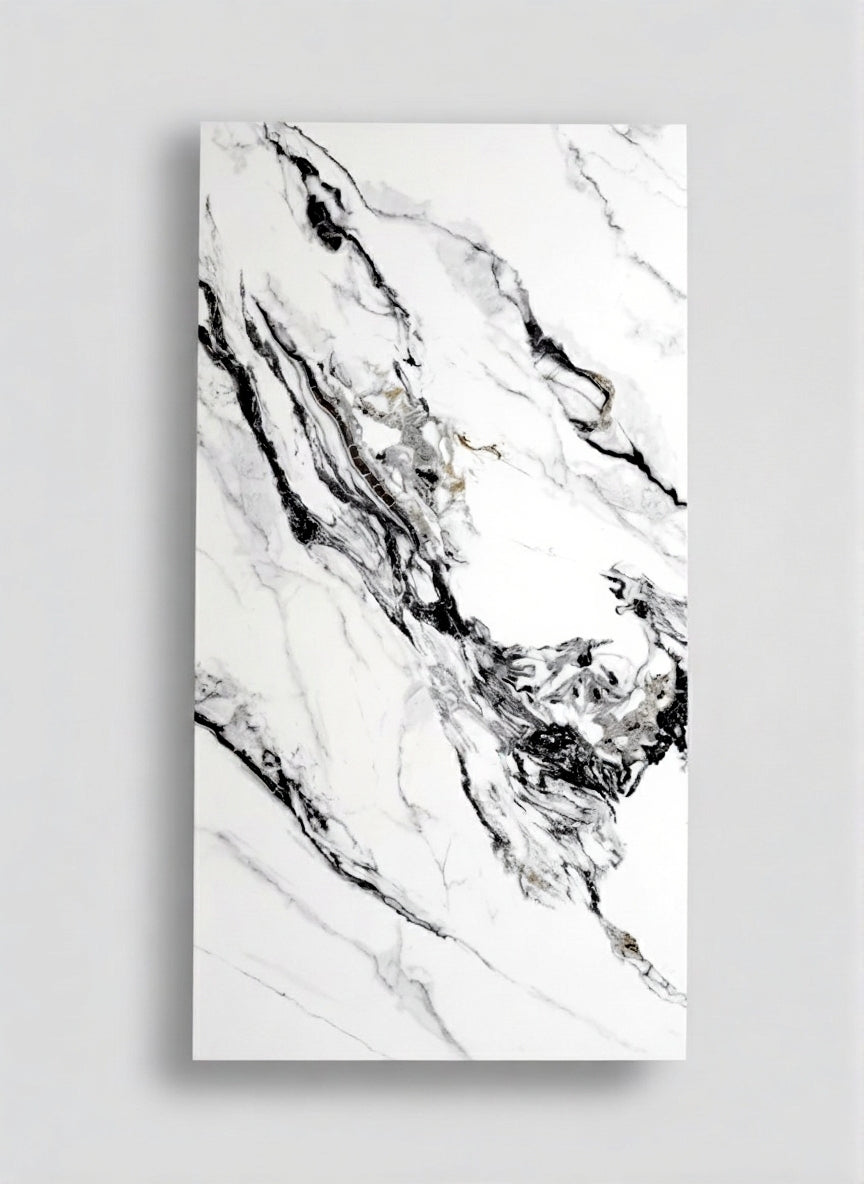 White Panda Calacatta - White Marble Bamboo Veneer Panels with Black Veins - 8x4 Feet