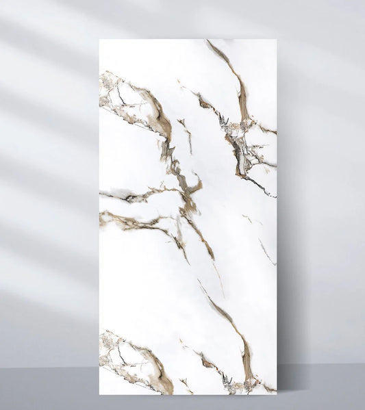 Calacatta Oro Gold - White Marble Bamboo Veneer Panels with Gray/Brown/Gold Veins - 8x4 Feet