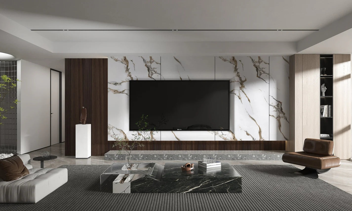 Calacatta Oro Gold - White Marble Bamboo Veneer Panels with Gray/Brown/Gold Veins - 8x4 Feet