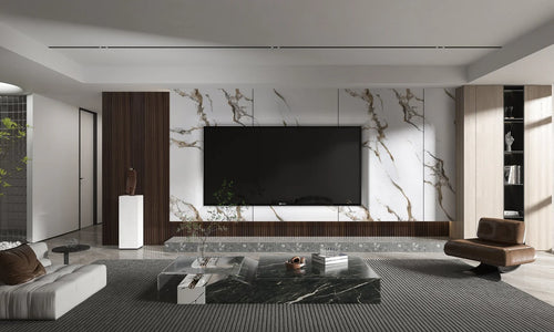 Calacatta Oro Gold - White Marble Bamboo Veneer Panels with Gray/Brown/Gold Veins - 8x4 Feet