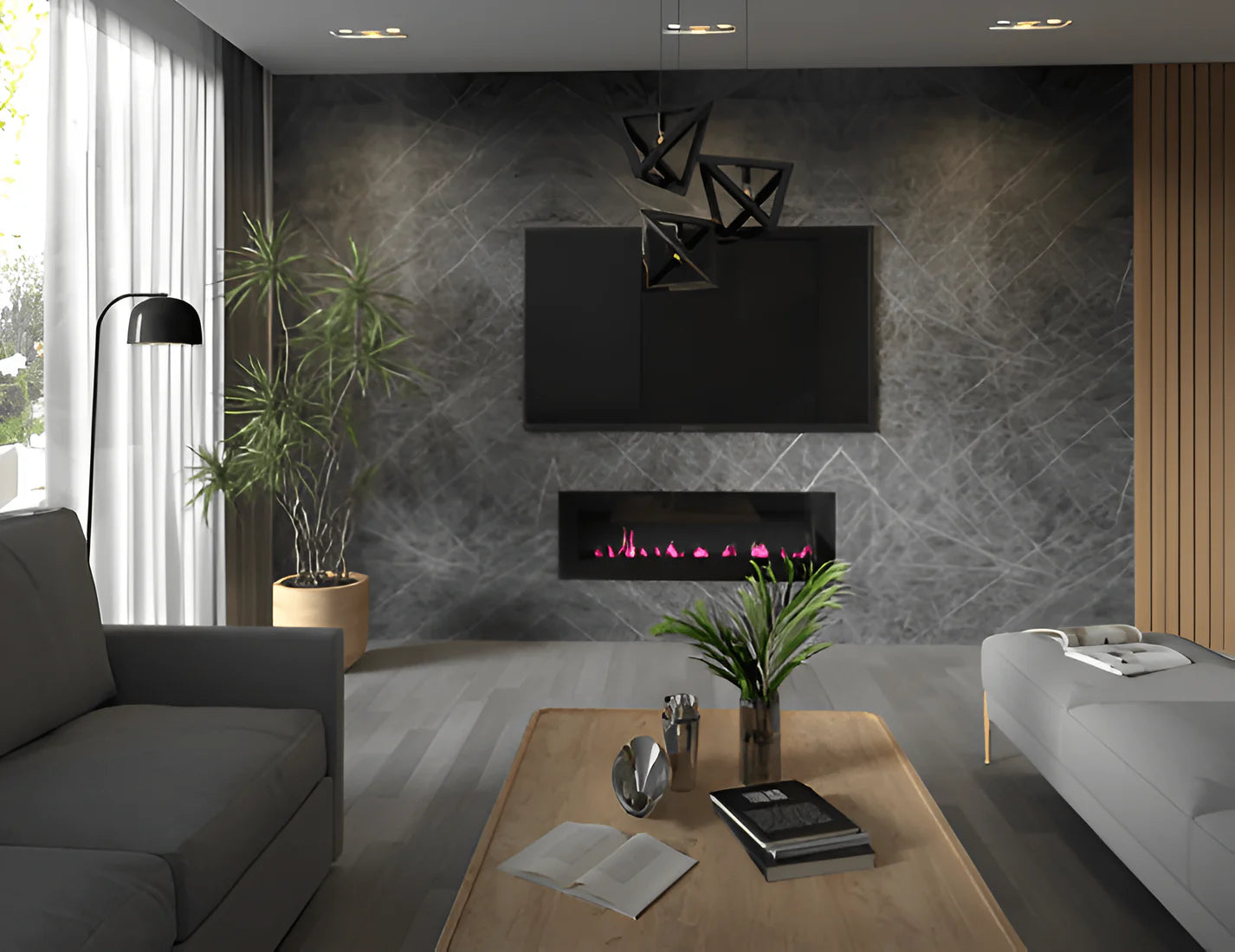 Dark Gray Marble Bamboo Veneer Panels with White Veins - 8x4 Feet