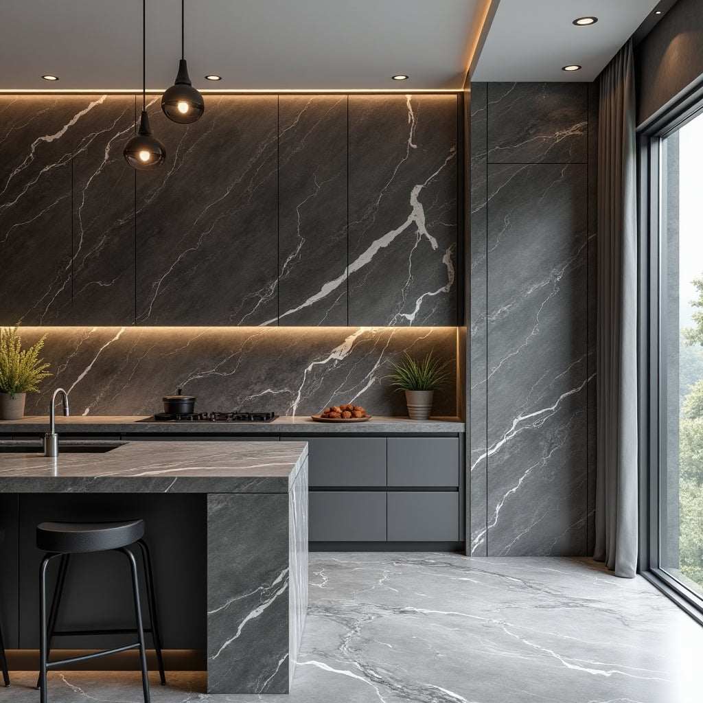 Dark Gray Marble Bamboo Veneer Panels with White Veins - 8x4 Feet