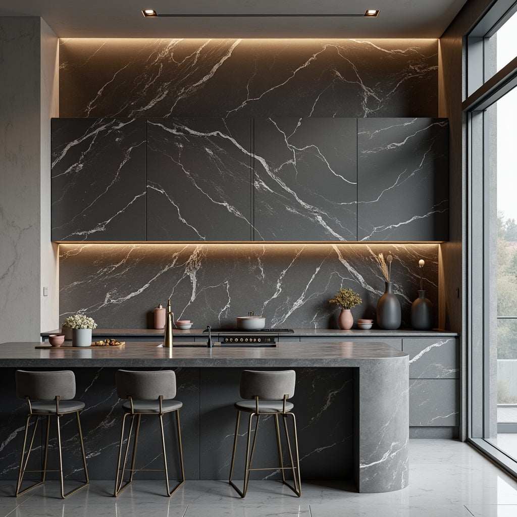 Dark Gray Marble Bamboo Veneer Panels with White Veins - 8x4 Feet