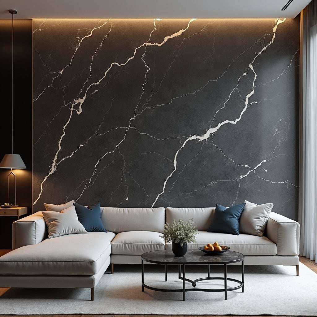 Dark Gray Marble Bamboo Veneer Panels with White Veins - 8x4 Feet