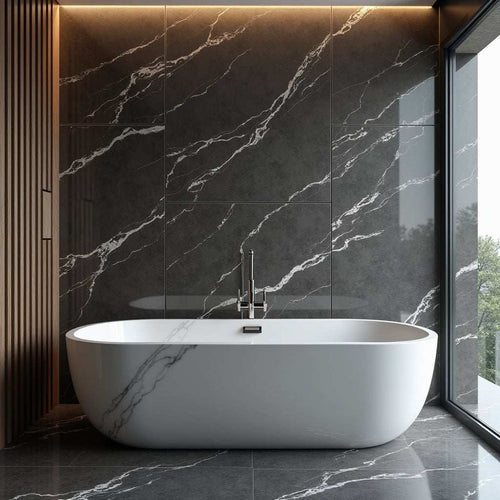 Dark Gray Marble Bamboo Veneer Panels with White Veins - 8x4 Feet